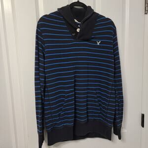 American Eagle Mens Blue Black Striped Button Front Pocket Sweatshirt Sz M